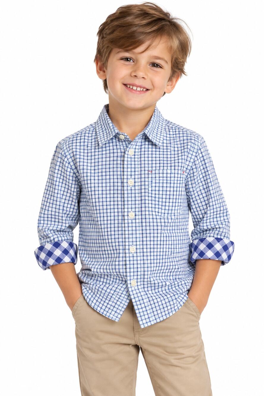 Mini Boden Boys Blue Check Button Down Shirt Size 4-5Y